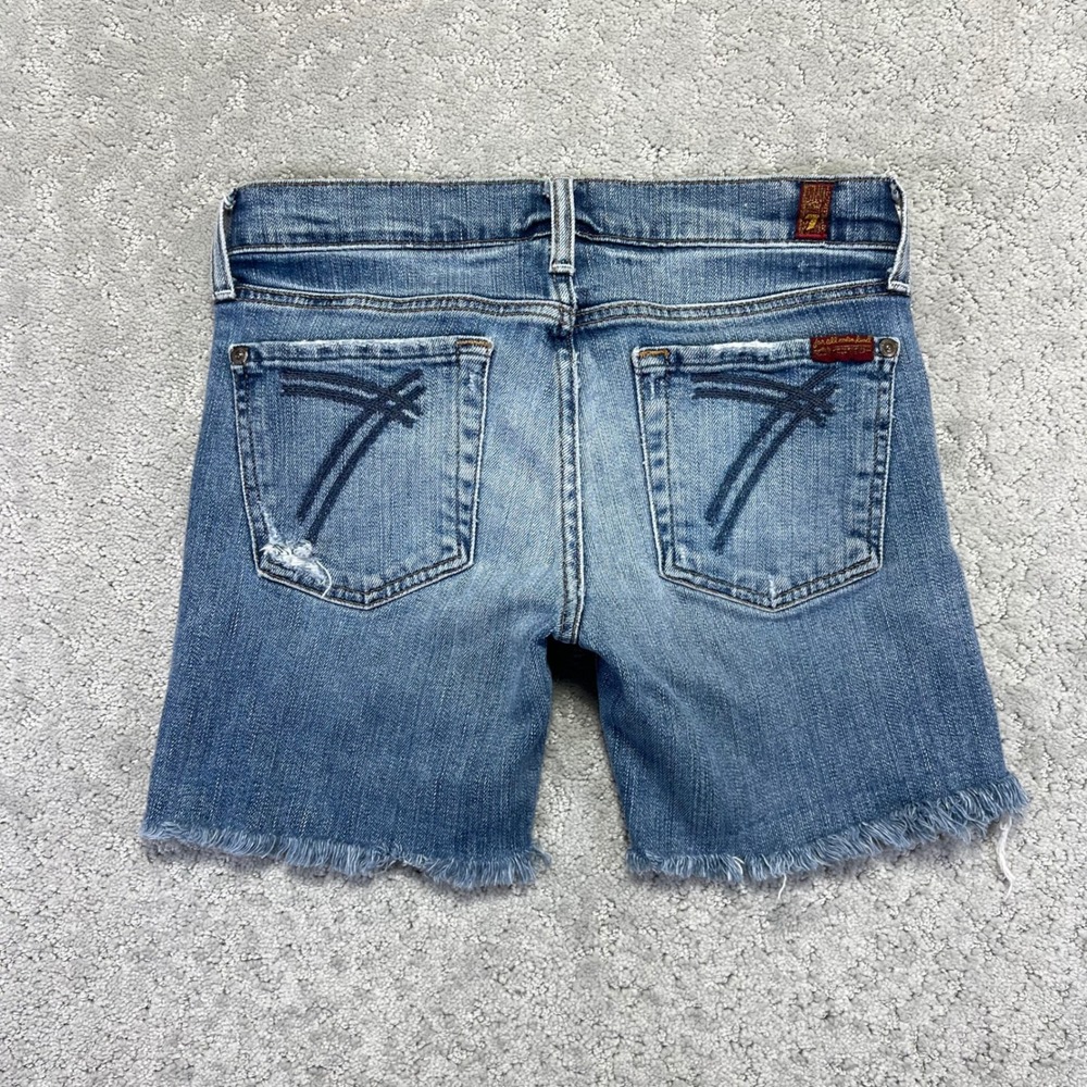 7 For All Mankind Denim Shorts Womens Size 27 Blue Distressed Cut Off Stretch